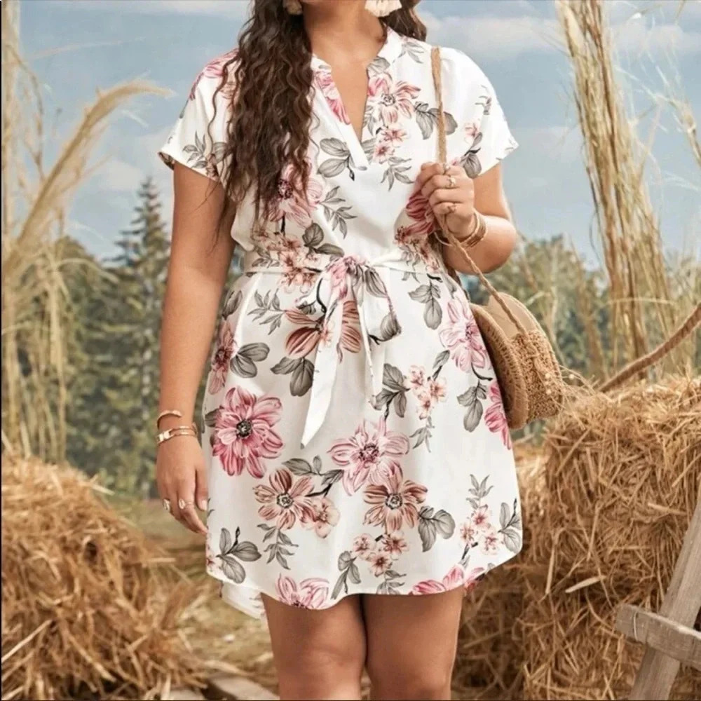 Boho Floral Print Mini Dress — Tie Waist Summer Dress | Sizes S, M, L - Picture 4 of 6